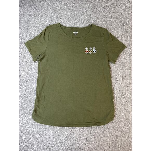 Old Navy Shirt Embroidered Pineapple Olive Green Size Medium - Picture 1 of 8